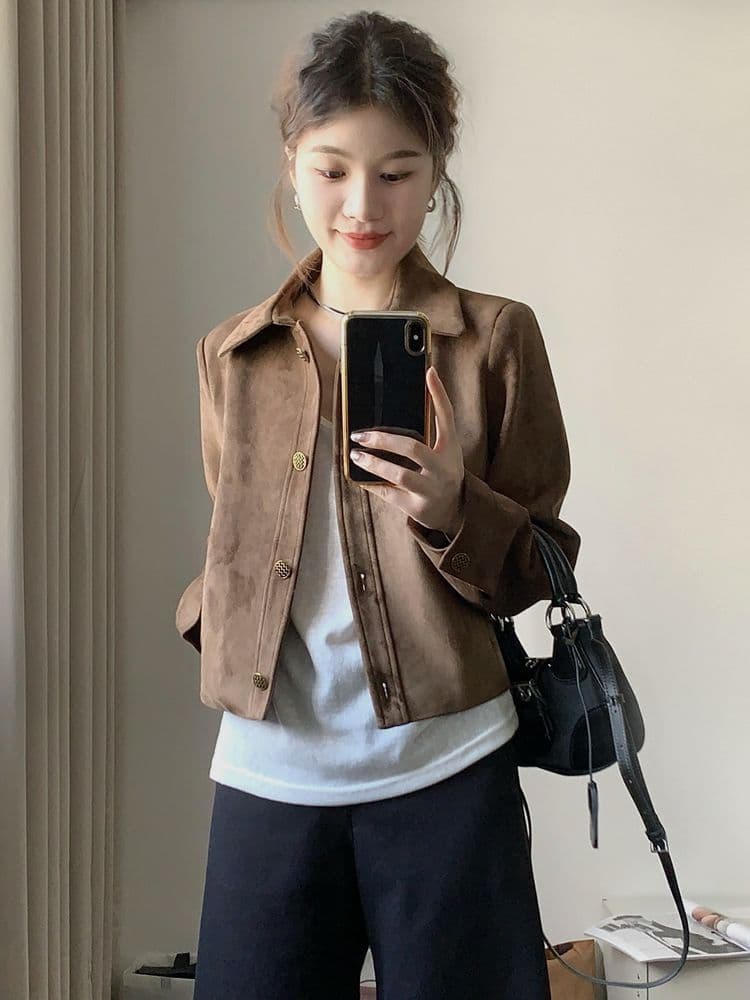 아름다움 라드. 스웨이드 원단 재킷 여성 짧은 2026 가을 새로운 레트로 루즈핏 작은 키 얇은 스타일 재킷 맨위 상세 이미지 4