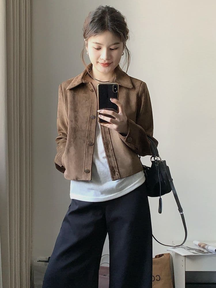아름다움 라드. 스웨이드 원단 재킷 여성 짧은 2026 가을 새로운 레트로 루즈핏 작은 키 얇은 스타일 재킷 맨위 상세 이미지 6