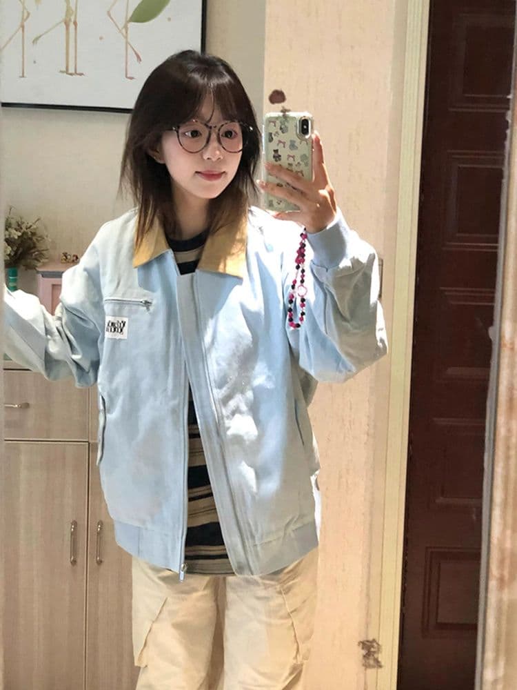 아메리칸 레트로 여성 코트 봄 가을 2026 새로운 조수 브랜드 배색 폴로 칼라 루즈핏 커플 재킷 야구 유니폼 오픈 가디건