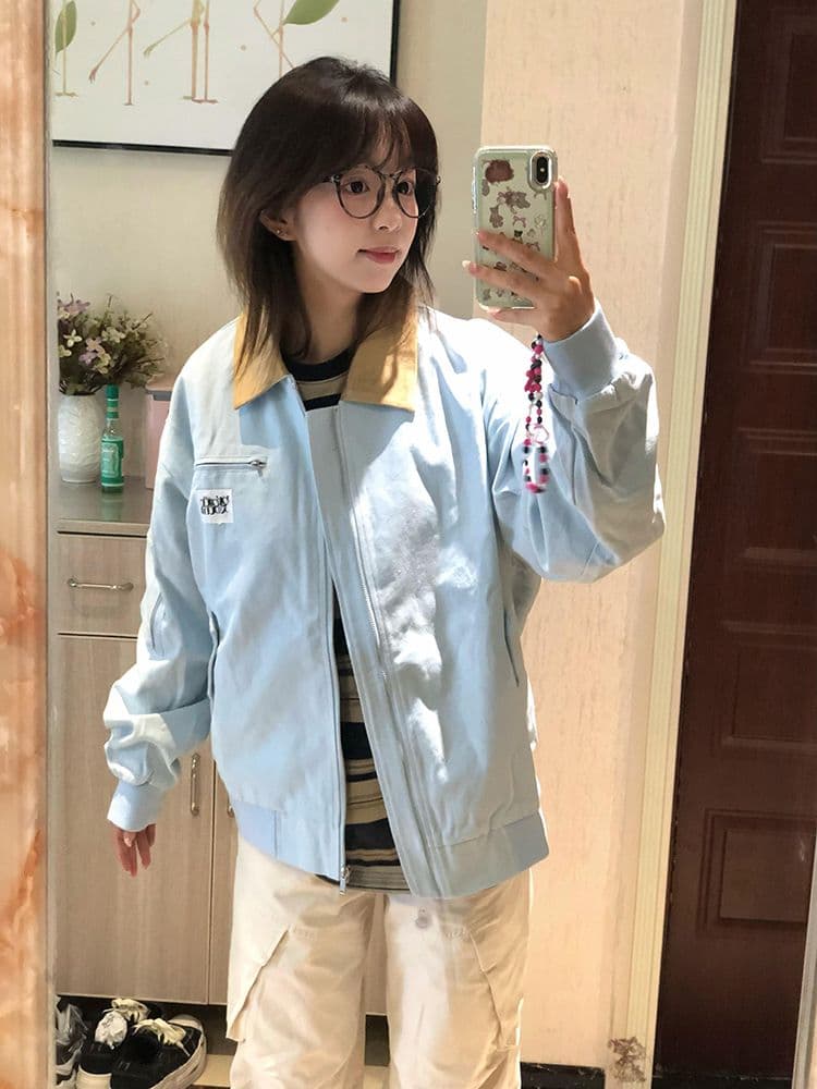 아메리칸 레트로 여성 코트 봄 가을 2026 새로운 조수 브랜드 배색 폴로 칼라 루즈핏 커플 재킷 야구 유니폼 오픈 가디건 상세 이미지 6