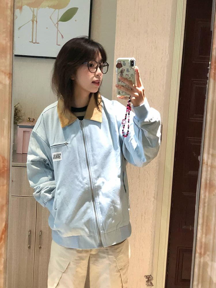 아메리칸 레트로 여성 코트 봄 가을 2026 새로운 조수 브랜드 배색 폴로 칼라 루즈핏 커플 재킷 야구 유니폼 오픈 가디건 상세 이미지 7