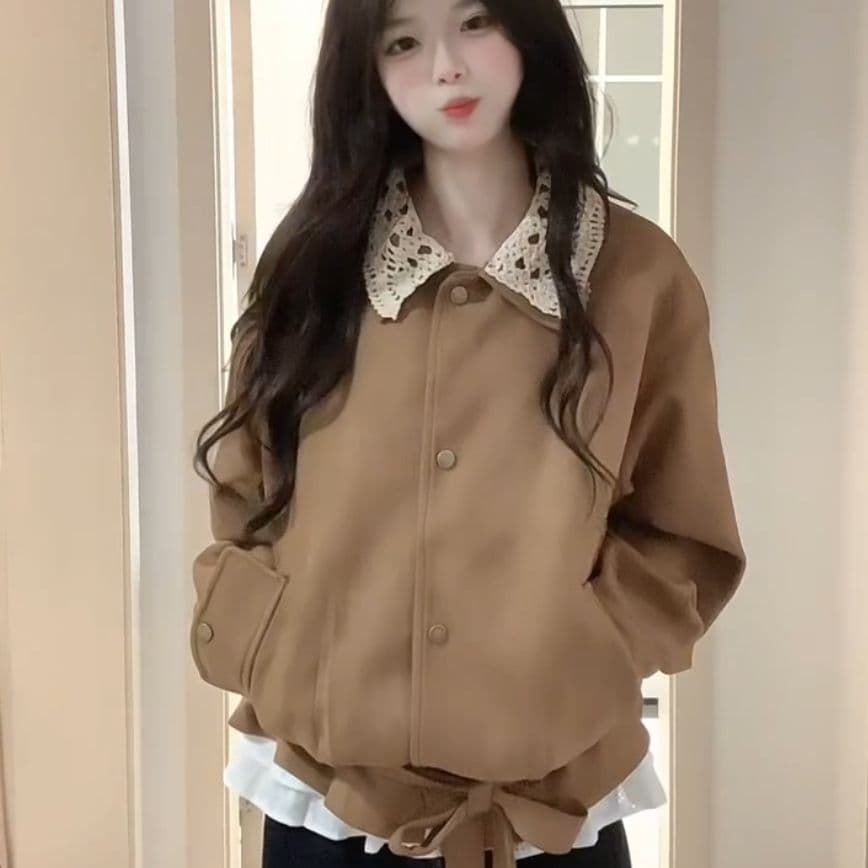 레트로 아름다움 라드. 브라운 재킷 여성 코트 가을 겨울철 2026 새로운 이른 가을 한 부서 분위기 센스 착용 잡아라. 의류