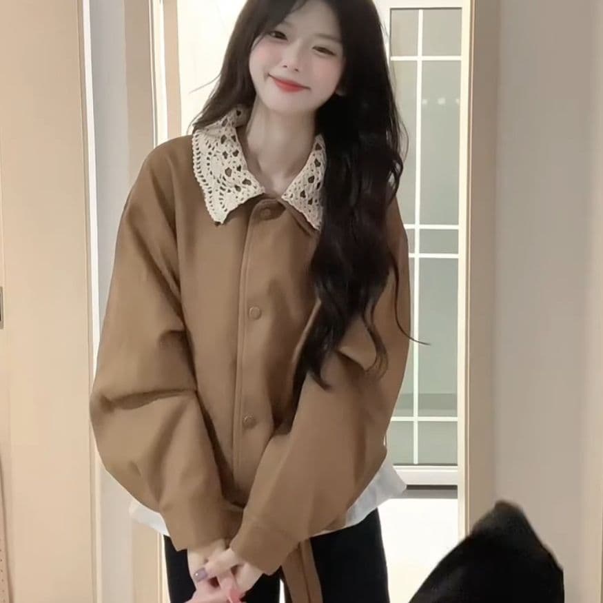 레트로 아름다움 라드. 브라운 재킷 여성 코트 가을 겨울철 2026 새로운 이른 가을 한 부서 분위기 센스 착용 잡아라. 의류 이미지 3
