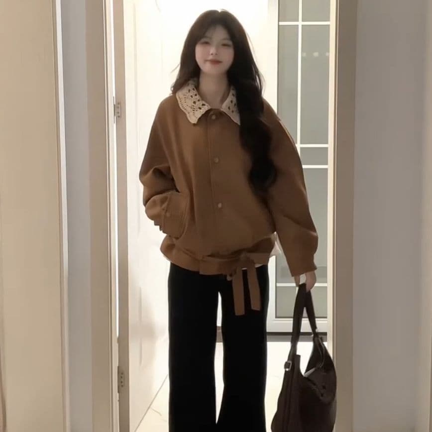 레트로 아름다움 라드. 브라운 재킷 여성 코트 가을 겨울철 2026 새로운 이른 가을 한 부서 분위기 센스 착용 잡아라. 의류 이미지 2