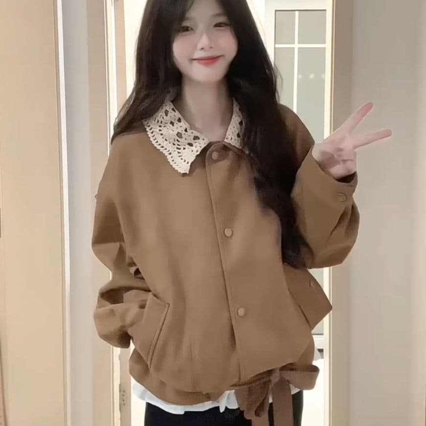 레트로 아름다움 라드. 브라운 재킷 여성 코트 가을 겨울철 2026 새로운 이른 가을 한 부서 분위기 센스 착용 잡아라. 의류 이미지 5