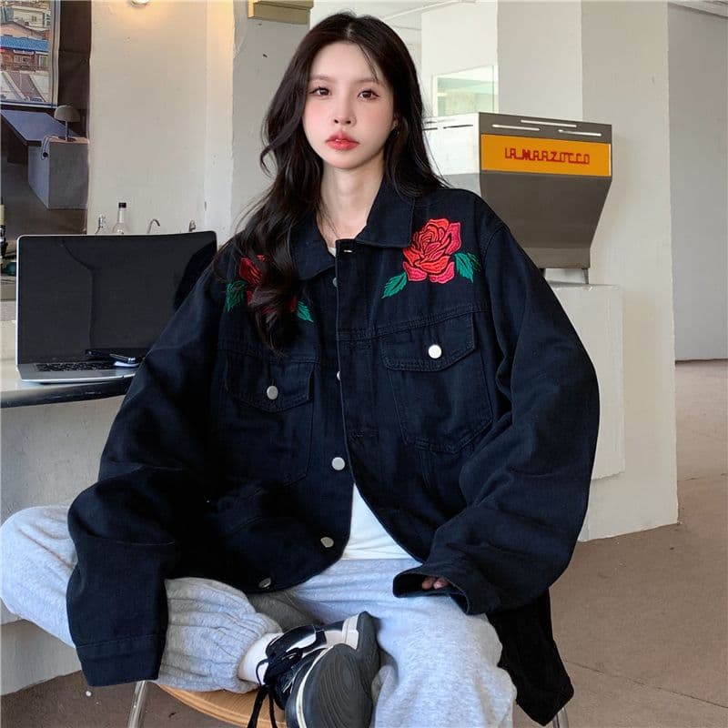 실사 원본 데님 원단 흔들어서 톤 품질 데님 재킷 야구 유니폼 자수 장미 이미지 2