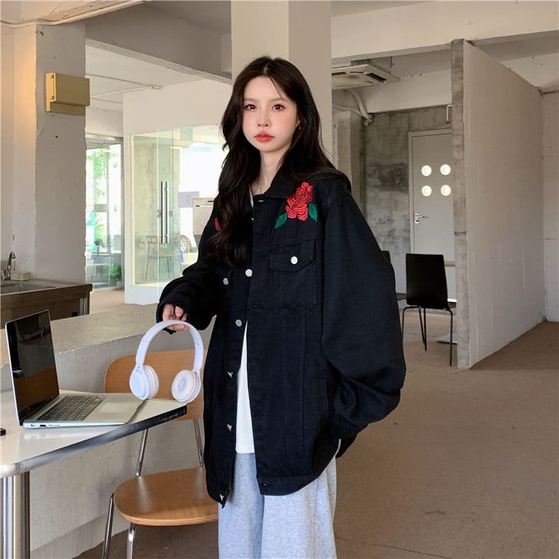 실사 원본 데님 원단 흔들어서 톤 품질 데님 재킷 야구 유니폼 자수 장미 상세 이미지 6