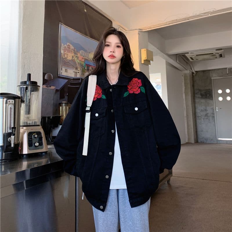 실사 원본 데님 원단 흔들어서 톤 품질 데님 재킷 야구 유니폼 자수 장미 상세 이미지 11