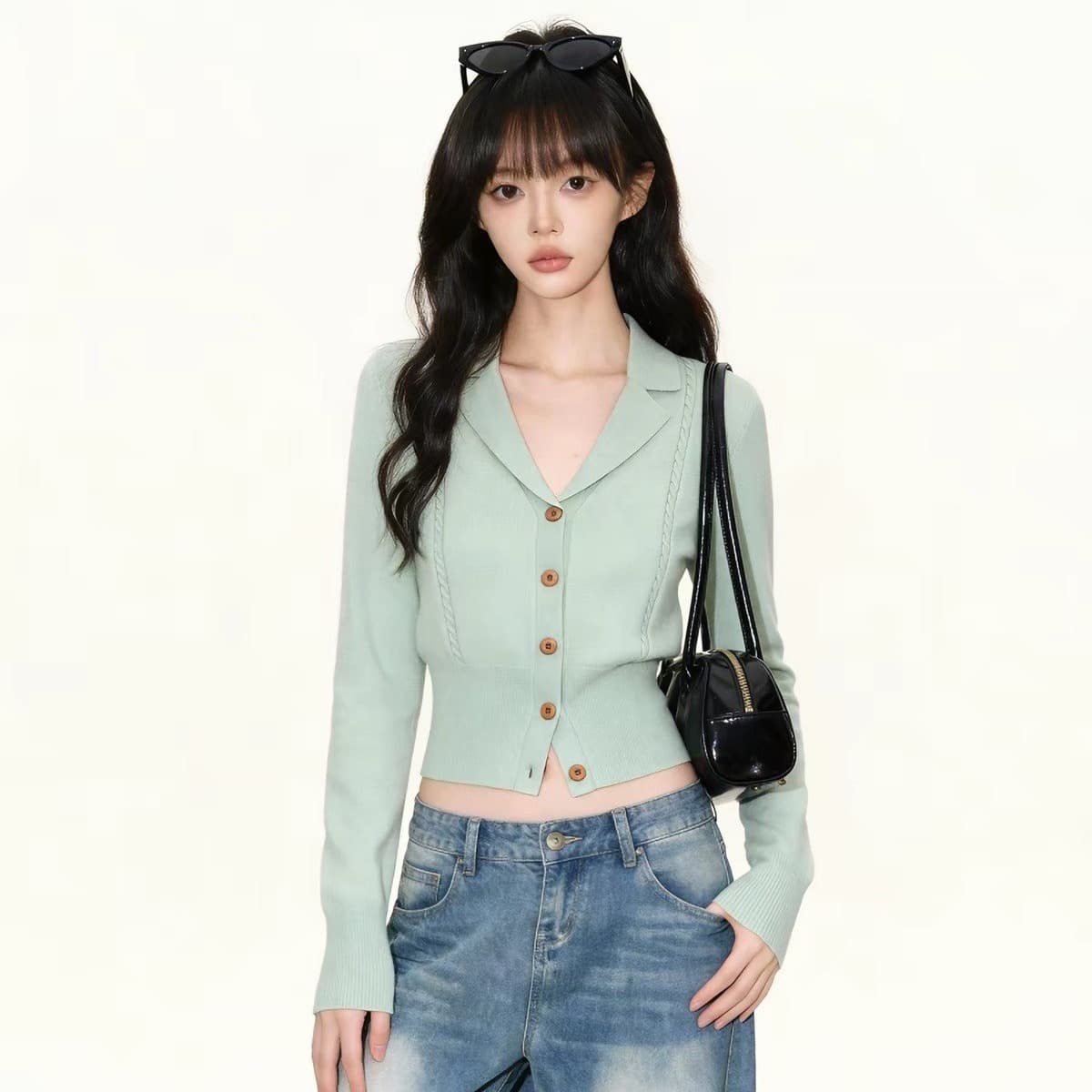 녹색 정장 칼라 니트 오픈 가디건 여성 2026 봄 가을 새로운 고급 센스 몸매 가꾸기 허리 수축 인사이드 가져 가라. 만나는 맨위
