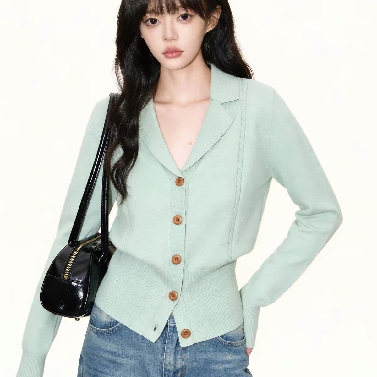 녹색 정장 칼라 니트 오픈 가디건 여성 2026 봄 가을 새로운 고급 센스 몸매 가꾸기 허리 수축 인사이드 가져 가라. 만나는 맨위 이미지 5