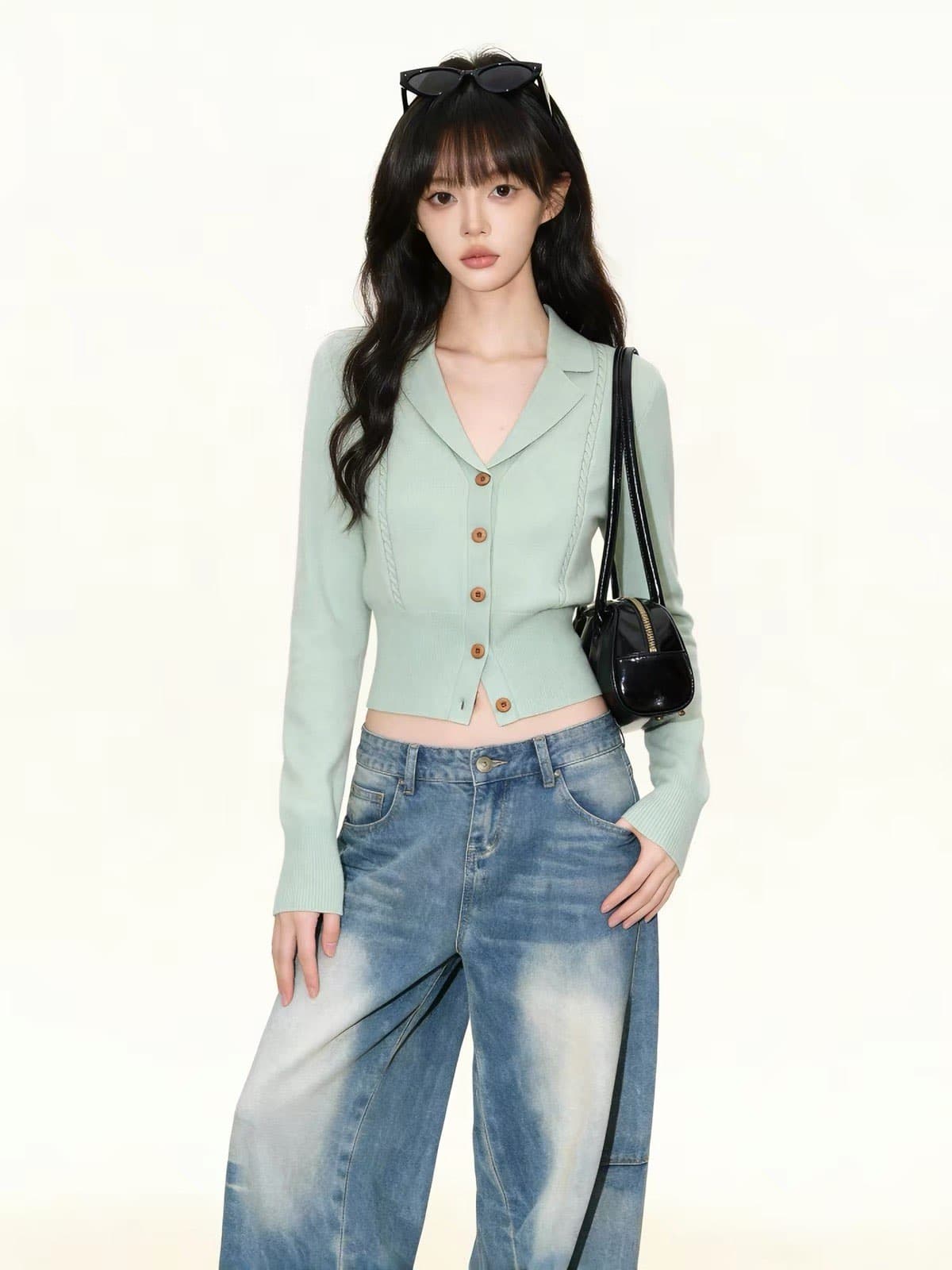 녹색 정장 칼라 니트 오픈 가디건 여성 2026 봄 가을 새로운 고급 센스 몸매 가꾸기 허리 수축 인사이드 가져 가라. 만나는 맨위 상세 이미지 3