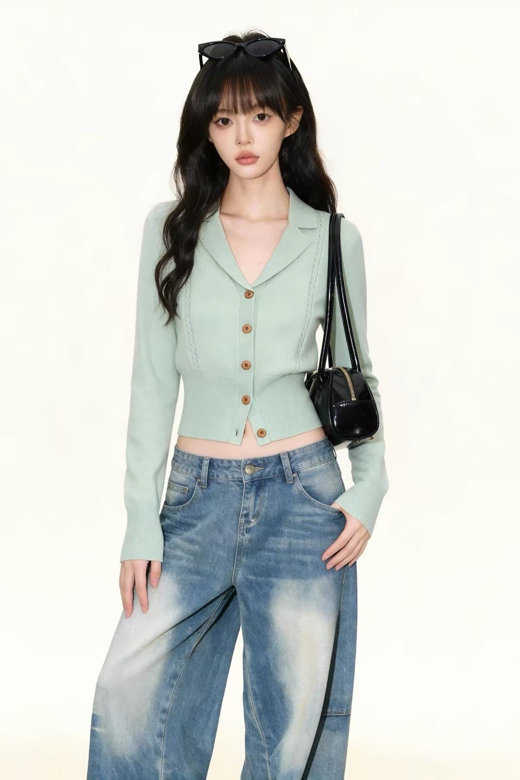 녹색 정장 칼라 니트 오픈 가디건 여성 2026 봄 가을 새로운 고급 센스 몸매 가꾸기 허리 수축 인사이드 가져 가라. 만나는 맨위 상세 이미지 6