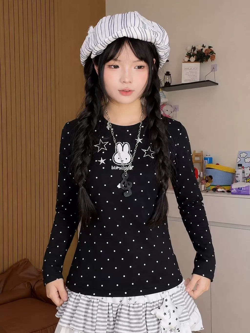 2026 가을 220 그램 40 빗질하다 92 면 8 암모니아 Lun 도트 무늬 몸매 가꾸기 긴팔 티셔츠 여성 이미지 2