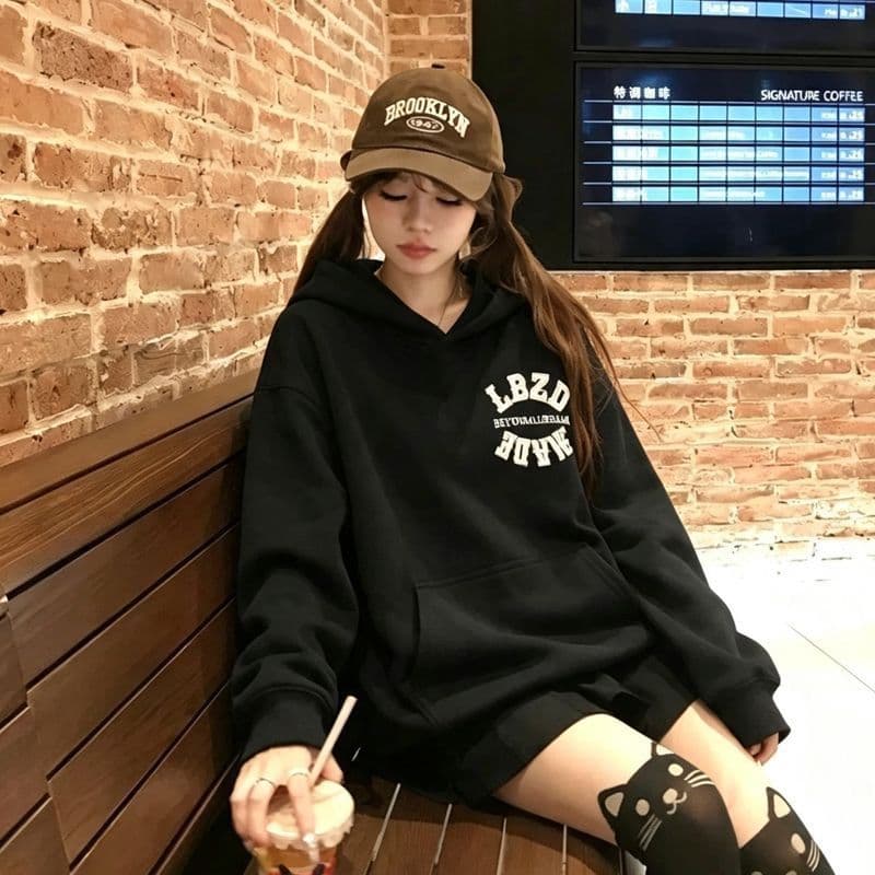 후아 면 복합 없음 모자 로프 있음 주머니 후드 티 스웨터 여성 프린트 얇은 스타일 털이 있는 상세 이미지 5