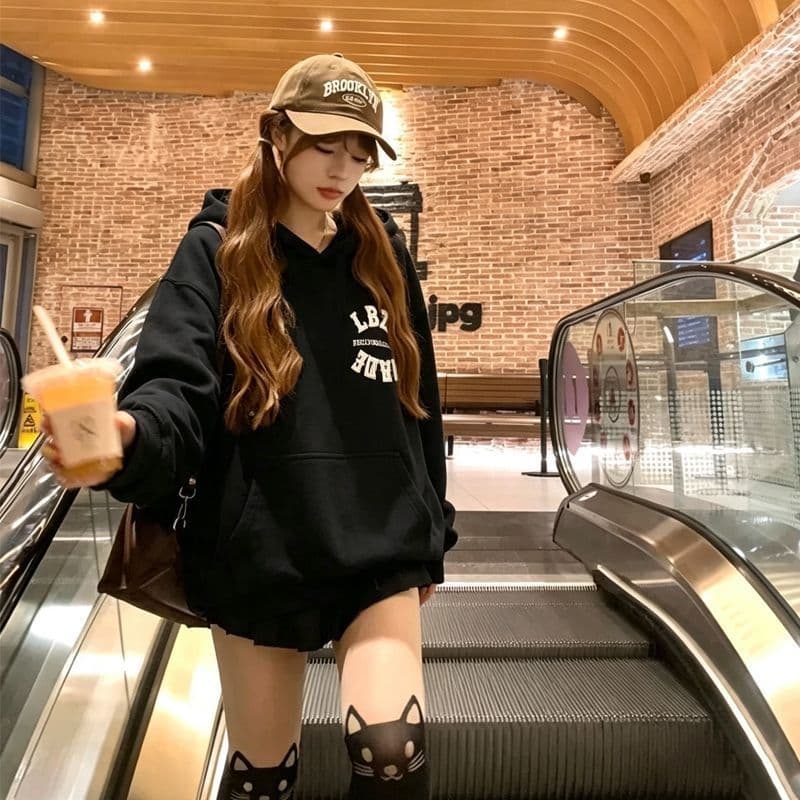 후아 면 복합 없음 모자 로프 있음 주머니 후드 티 스웨터 여성 프린트 얇은 스타일 털이 있는 상세 이미지 6