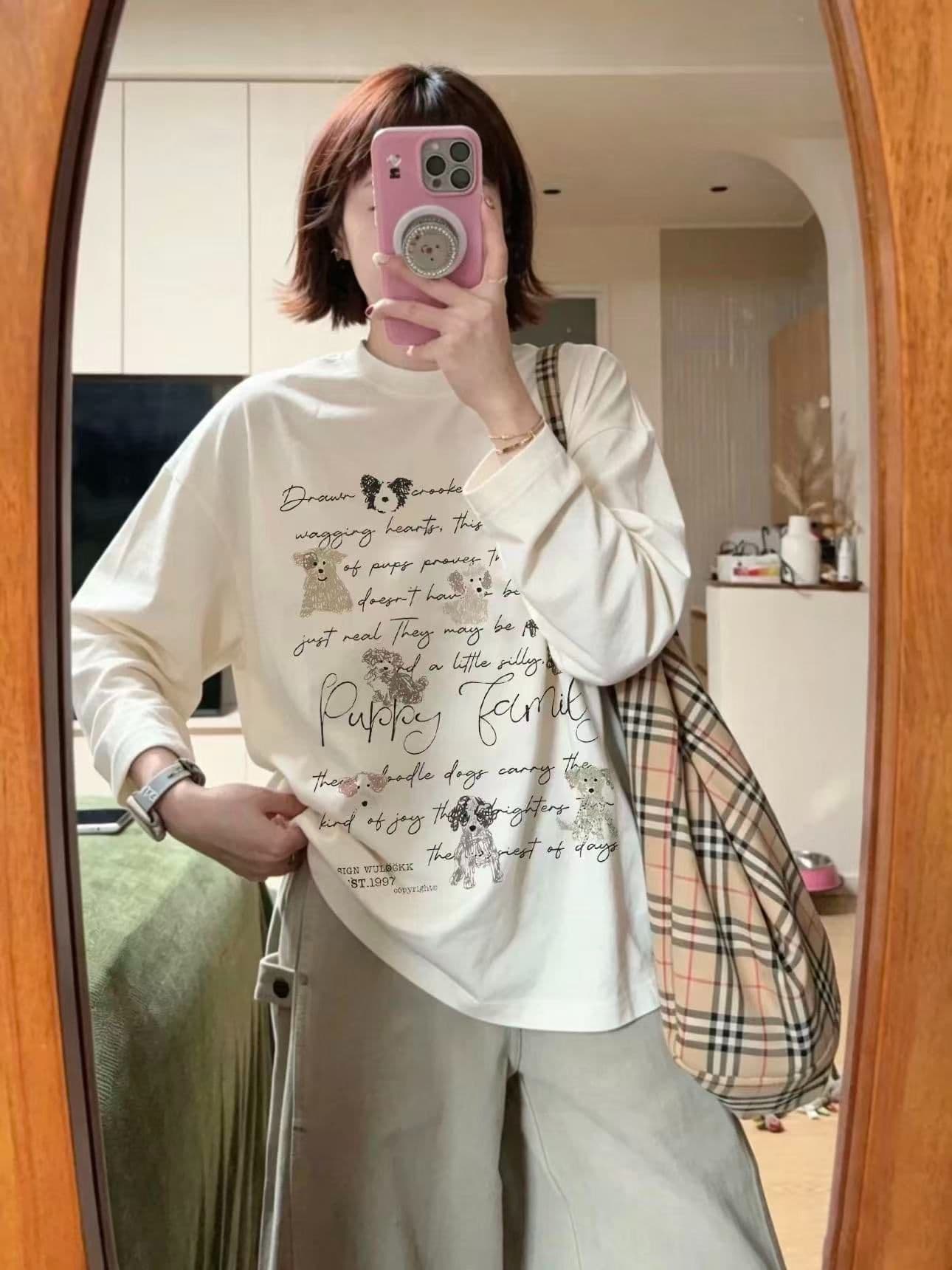 200그램 순면 플러그 루오 모방 당겨서 어깨 테두리 프린트 루즈핏 만나는 긴팔 티셔츠 여성 이미지 3