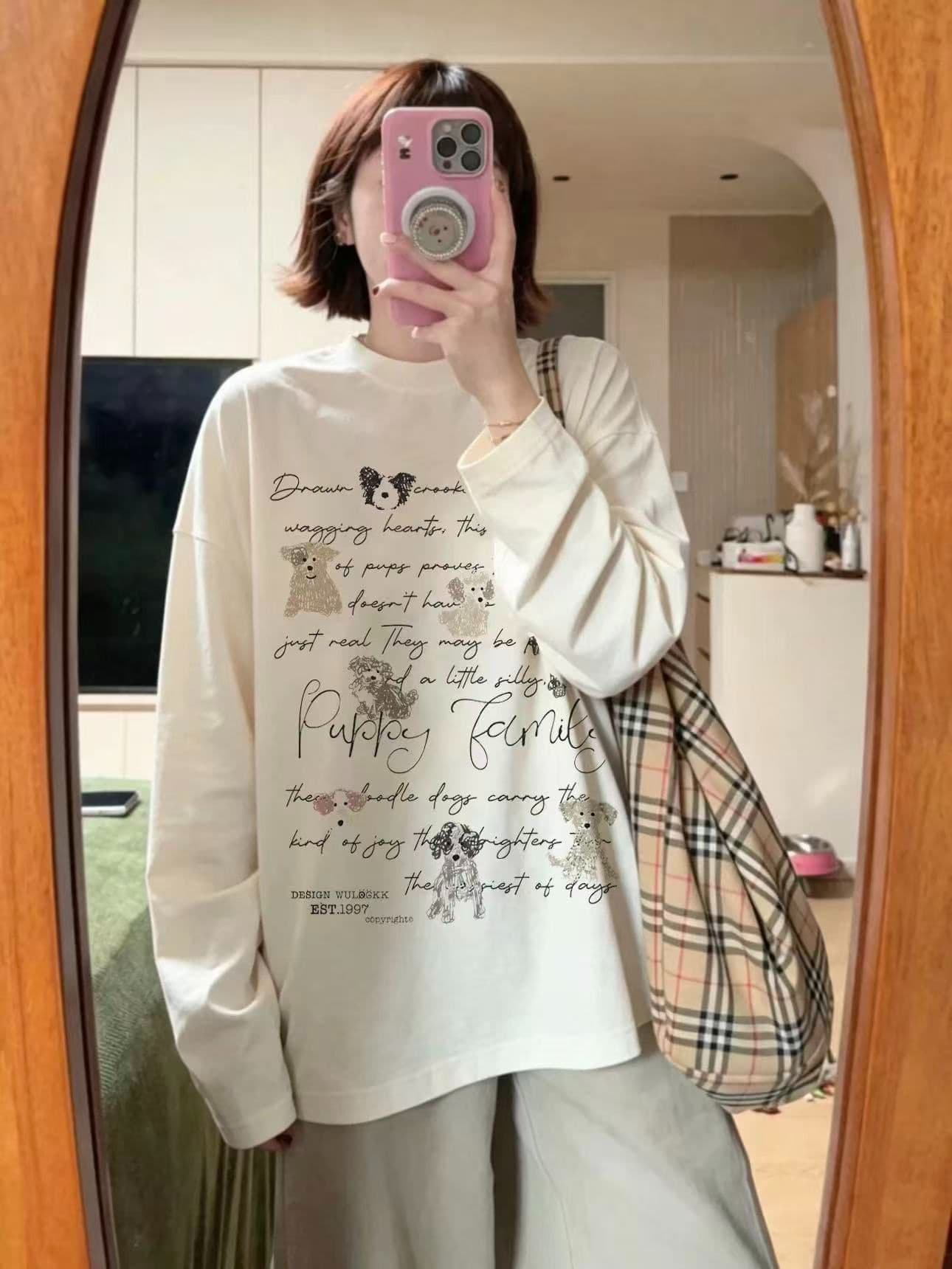 200그램 순면 플러그 루오 모방 당겨서 어깨 테두리 프린트 루즈핏 만나는 긴팔 티셔츠 여성 상세 이미지 2