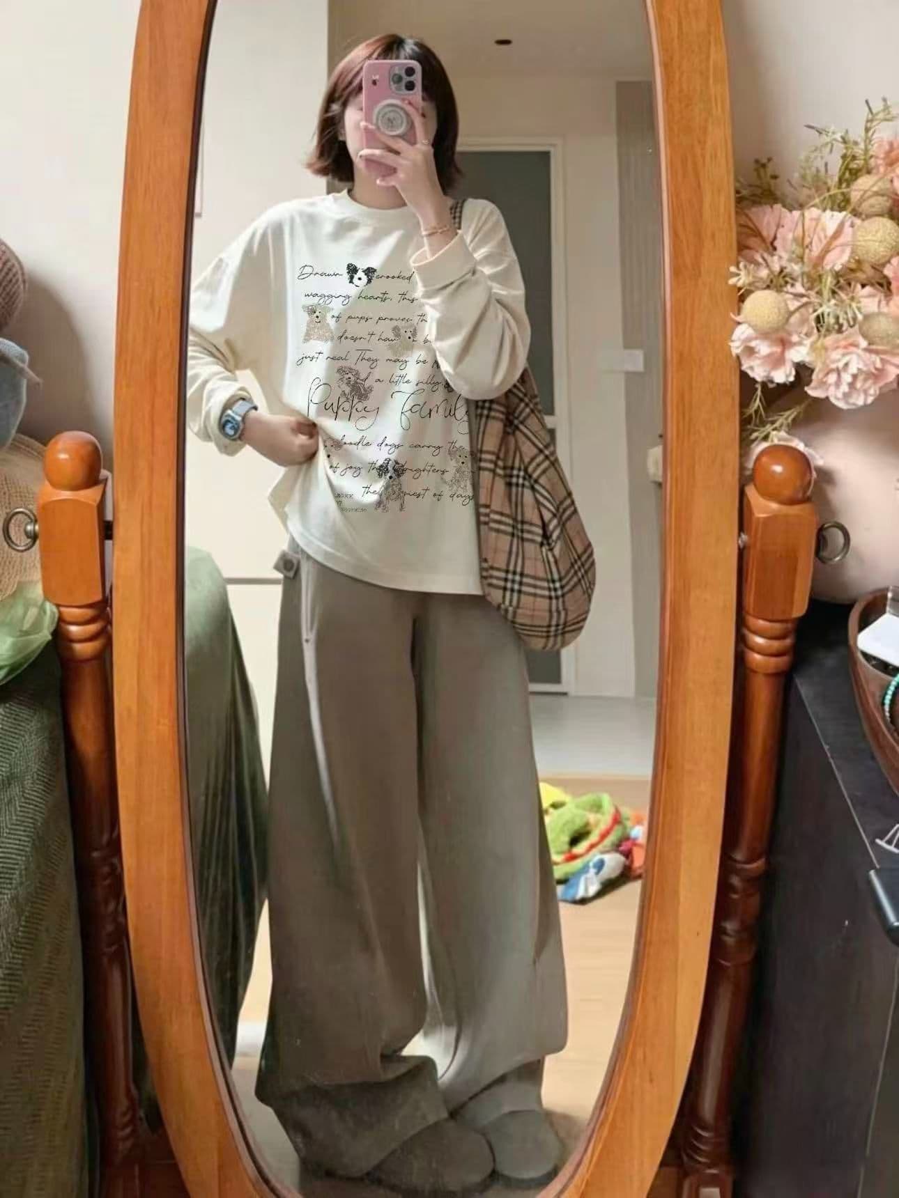 200그램 순면 플러그 루오 모방 당겨서 어깨 테두리 프린트 루즈핏 만나는 긴팔 티셔츠 여성 상세 이미지 3