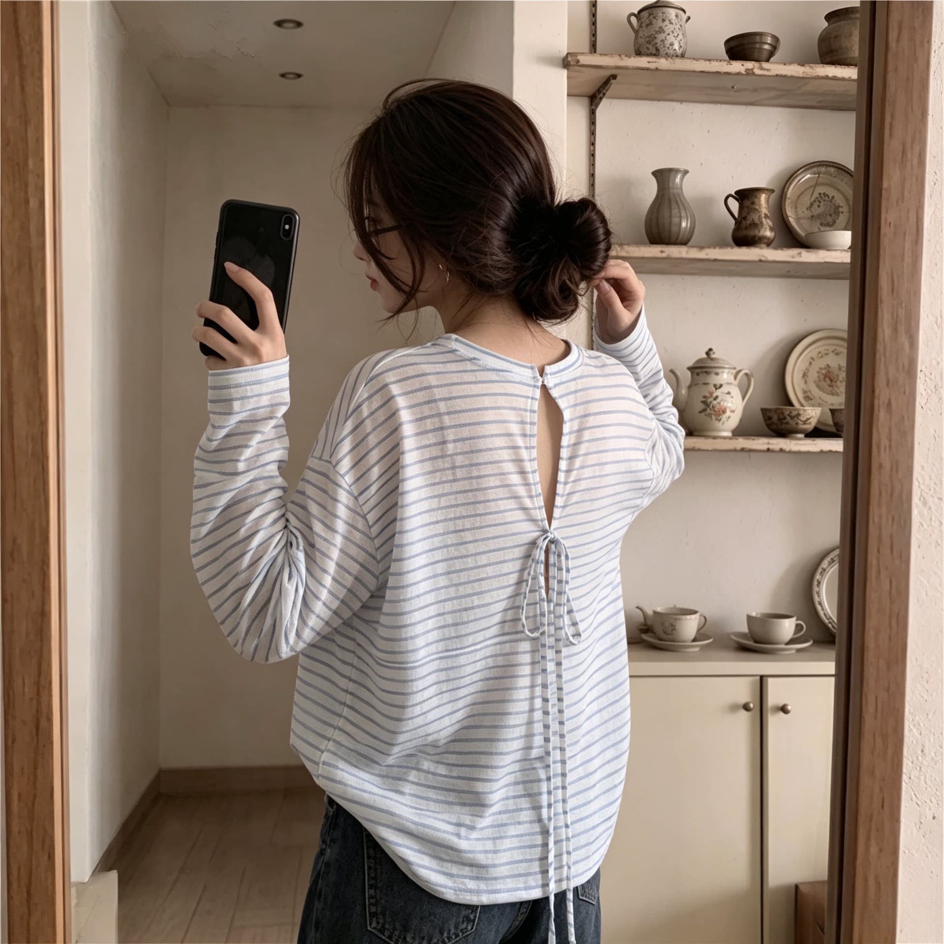 150그램 70 라이 경기 서울 30 폴리 에스터 스트라이프 홀로우 아웃 레이스업 긴팔 티셔츠 여성 루즈핏 얇은 스타일 자외선 차단 블라우스 맨위