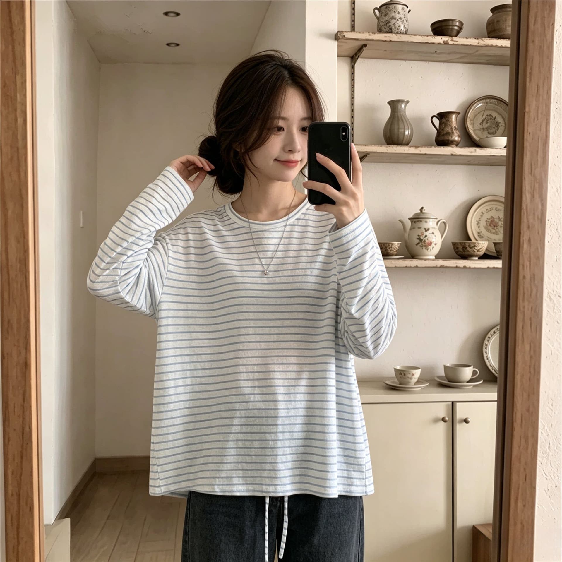 150그램 70 라이 경기 서울 30 폴리 에스터 스트라이프 홀로우 아웃 레이스업 긴팔 티셔츠 여성 루즈핏 얇은 스타일 자외선 차단 블라우스 맨위 이미지 2