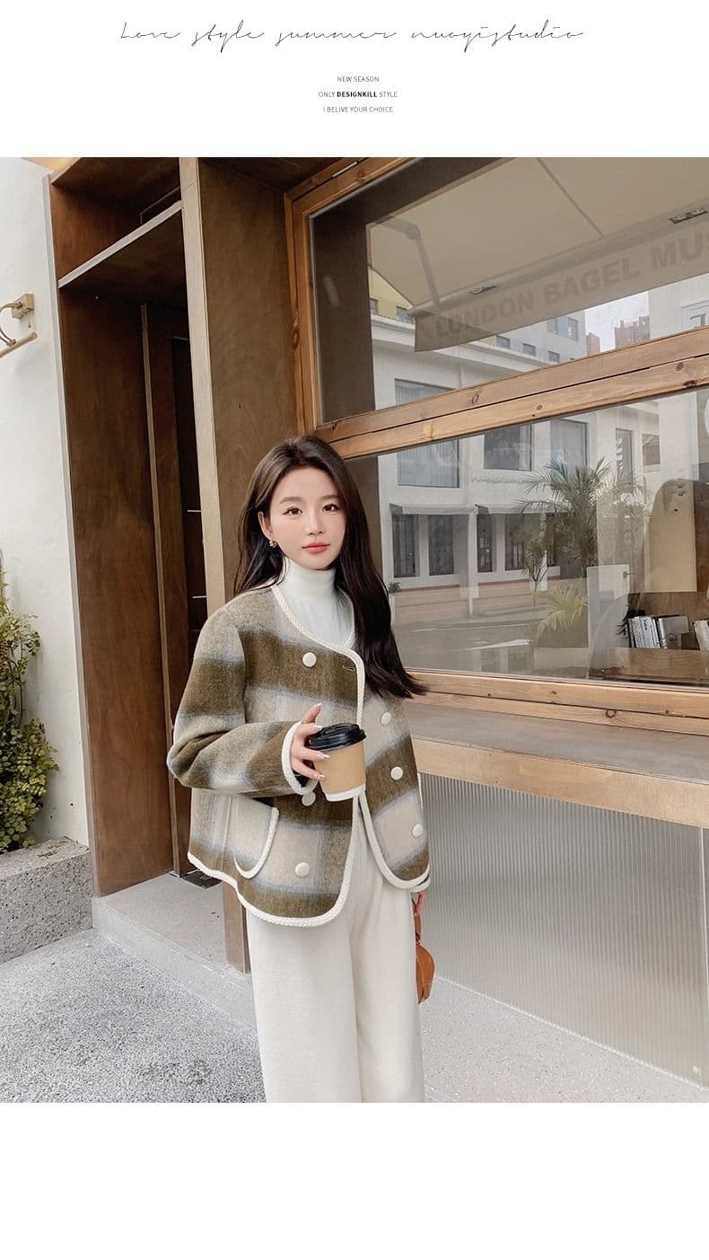 가을 겨울 새로운 명문 여성 작은 샤넬 스타일 체크무늬 코트 여성 짧은 모직 외투 2026 영국식 바람 라운드 넥 이중 버튼 상세 이미지 19