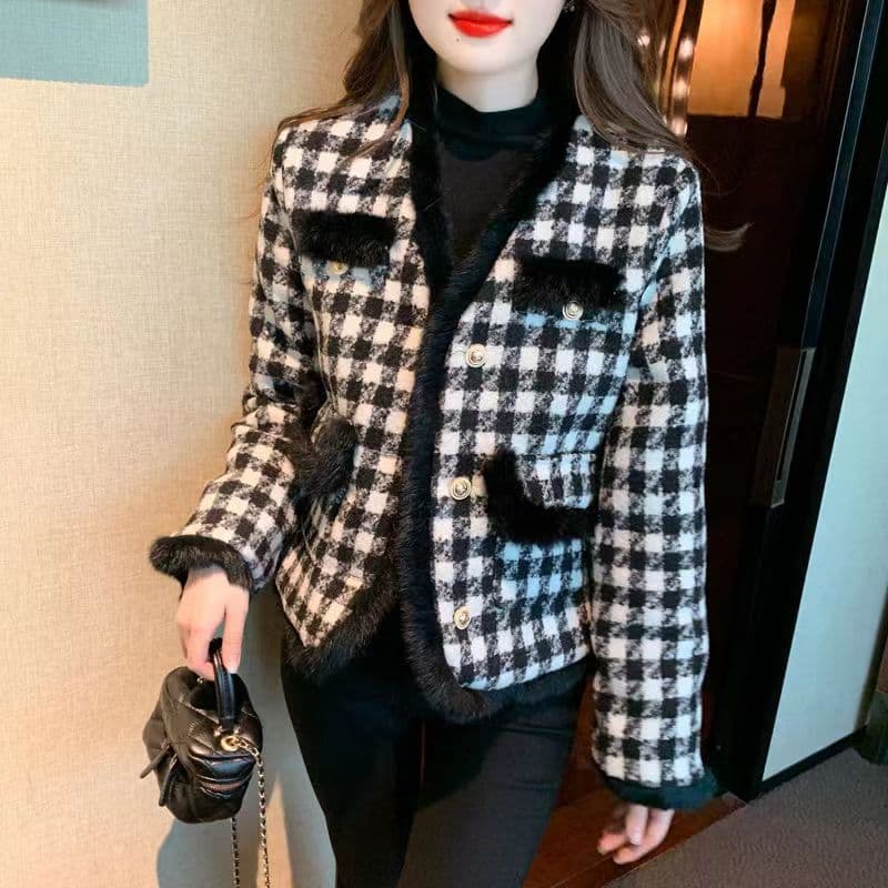 프랑스식 작은 샤넬 스타일 모직물 여성 코트 가을 겨울철 두꺼운 보온 맨위 고급 센스 거친 가장자리 수천 마리 체크무늬 코트 이미지 2