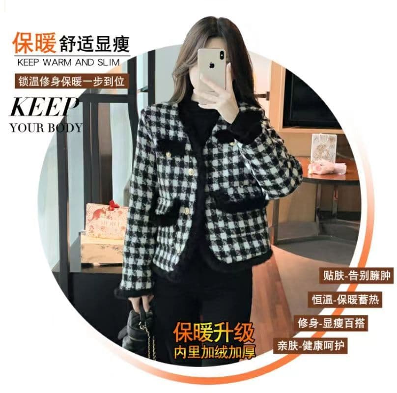 프랑스식 작은 샤넬 스타일 모직물 여성 코트 가을 겨울철 두꺼운 보온 맨위 고급 센스 거친 가장자리 수천 마리 체크무늬 코트 상세 이미지 4