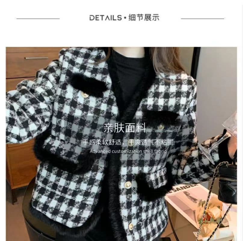 프랑스식 작은 샤넬 스타일 모직물 여성 코트 가을 겨울철 두꺼운 보온 맨위 고급 센스 거친 가장자리 수천 마리 체크무늬 코트 상세 이미지 5