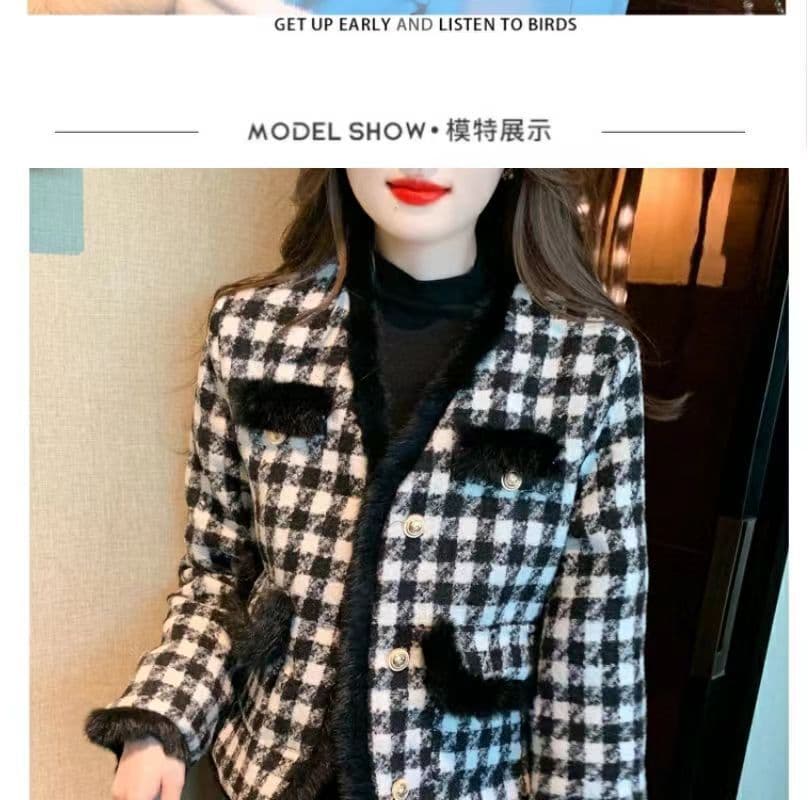 프랑스식 작은 샤넬 스타일 모직물 여성 코트 가을 겨울철 두꺼운 보온 맨위 고급 센스 거친 가장자리 수천 마리 체크무늬 코트 상세 이미지 6
