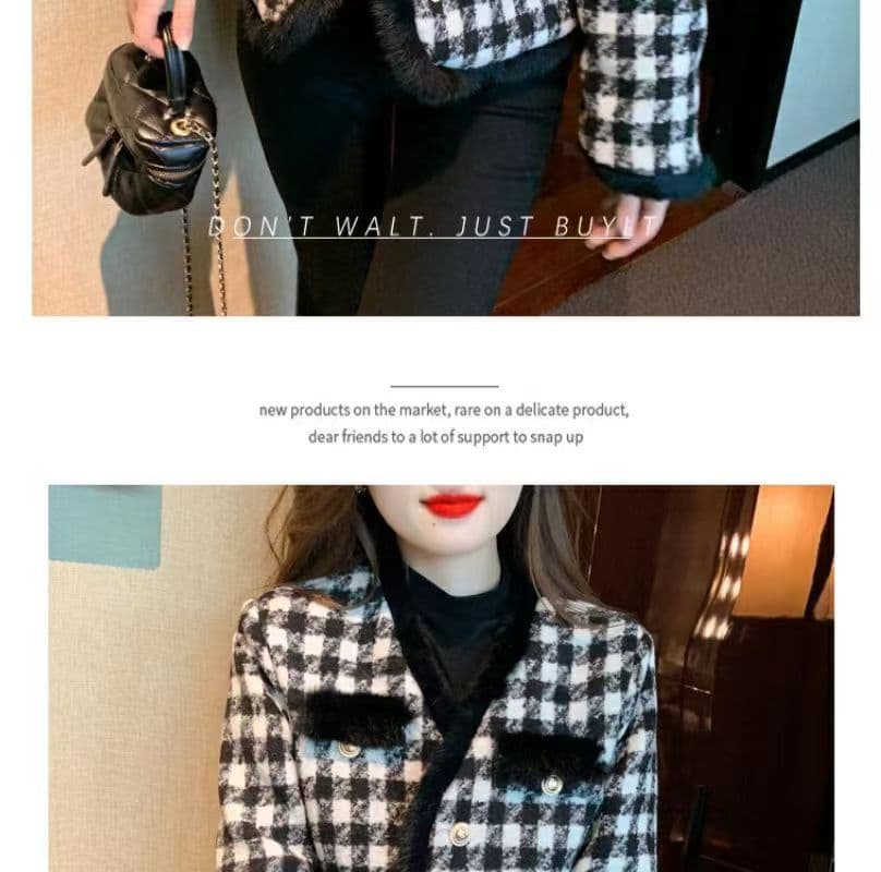 프랑스식 작은 샤넬 스타일 모직물 여성 코트 가을 겨울철 두꺼운 보온 맨위 고급 센스 거친 가장자리 수천 마리 체크무늬 코트 상세 이미지 7