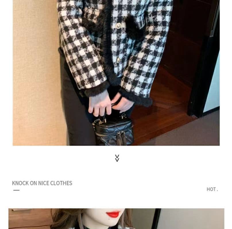 프랑스식 작은 샤넬 스타일 모직물 여성 코트 가을 겨울철 두꺼운 보온 맨위 고급 센스 거친 가장자리 수천 마리 체크무늬 코트 상세 이미지 8