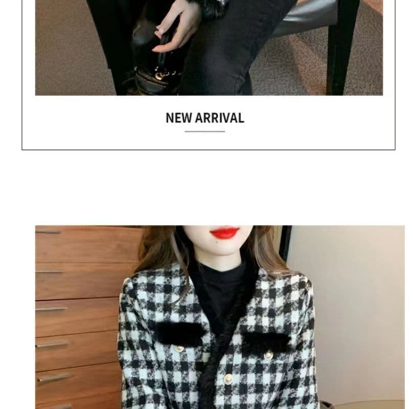 프랑스식 작은 샤넬 스타일 모직물 여성 코트 가을 겨울철 두꺼운 보온 맨위 고급 센스 거친 가장자리 수천 마리 체크무늬 코트 상세 이미지 11