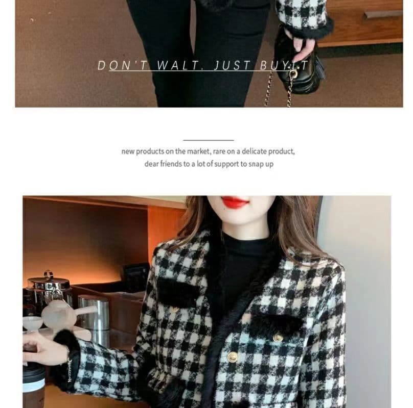 프랑스식 작은 샤넬 스타일 모직물 여성 코트 가을 겨울철 두꺼운 보온 맨위 고급 센스 거친 가장자리 수천 마리 체크무늬 코트 상세 이미지 16