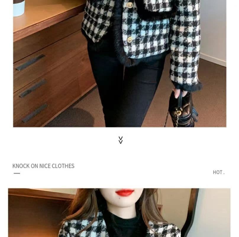 프랑스식 작은 샤넬 스타일 모직물 여성 코트 가을 겨울철 두꺼운 보온 맨위 고급 센스 거친 가장자리 수천 마리 체크무늬 코트 상세 이미지 17