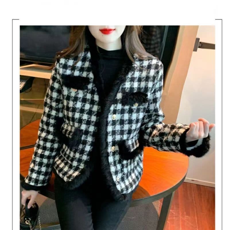 프랑스식 작은 샤넬 스타일 모직물 여성 코트 가을 겨울철 두꺼운 보온 맨위 고급 센스 거친 가장자리 수천 마리 체크무늬 코트 상세 이미지 19