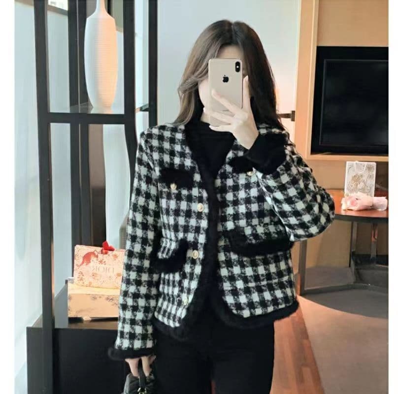프랑스식 작은 샤넬 스타일 모직물 여성 코트 가을 겨울철 두꺼운 보온 맨위 고급 센스 거친 가장자리 수천 마리 체크무늬 코트 상세 이미지 24
