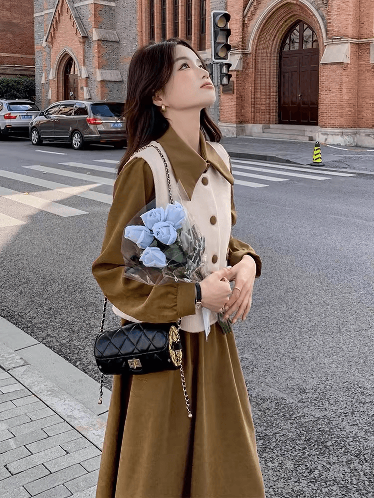 2026 봄 가을 새로운 프랑스식 품격 슬림해 보이는 고급 센스 작은 대중 디자인 베스트 긴팔 드레스 두 조각 여성 세트 이미지 2