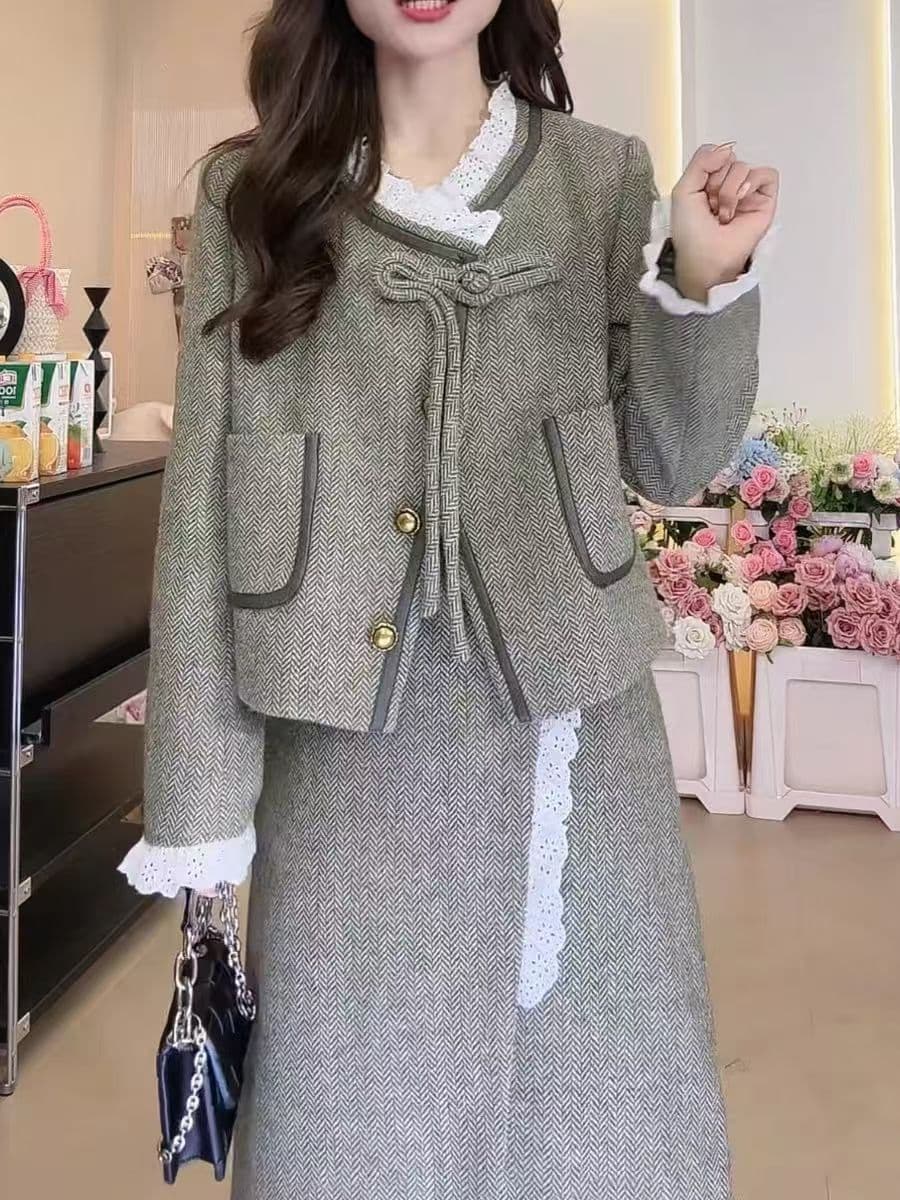 새로운 고유 한 디자인 빛 럭셔리 미니멀리즘 패션 여성 프랑스식 레트로 맨위 반신 스커트 투피스 세트 상세 이미지 3