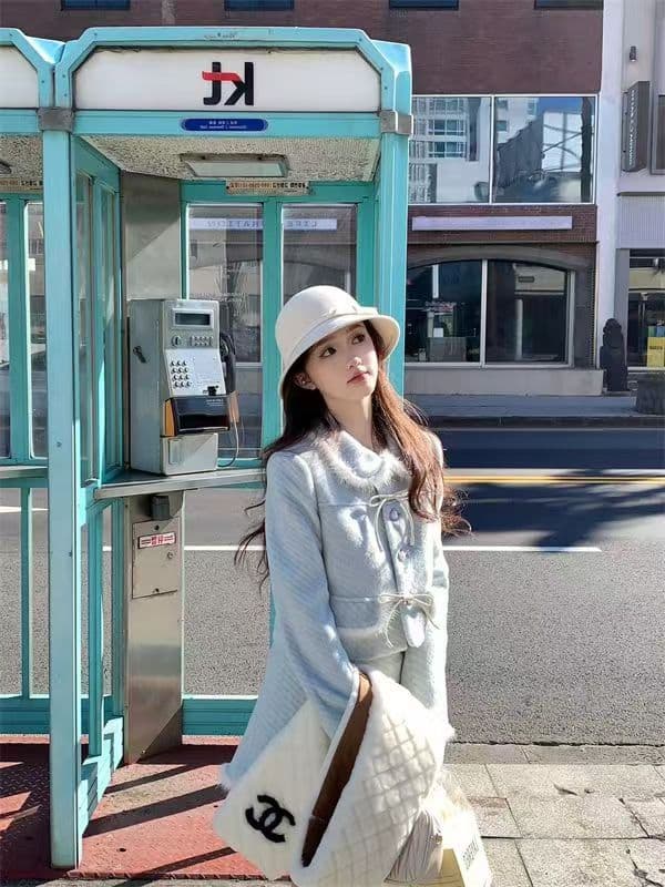 겨울 새로운 달콤함 연령 감소 베이비 칼라 작은 샤넬 스타일 보온 모직 외투 하이웨이스트 반신 스커트 투피스 슈트 여성 이미지 4