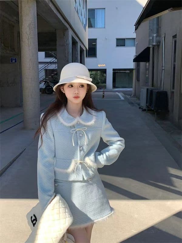 겨울 새로운 달콤함 연령 감소 베이비 칼라 작은 샤넬 스타일 보온 모직 외투 하이웨이스트 반신 스커트 투피스 슈트 여성 상세 이미지 11