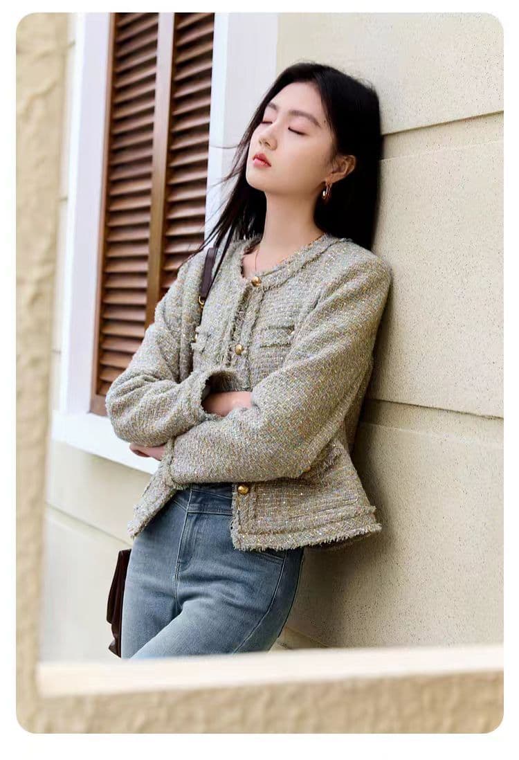 향기로운 그림자 가을 작은 샤넬 스타일 여성 코트 2026 새로운 빛 럭셔리 천 금빛 바람 출퇴근 고급 센스 프랑스식 녹색 맨위 상세 이미지 5