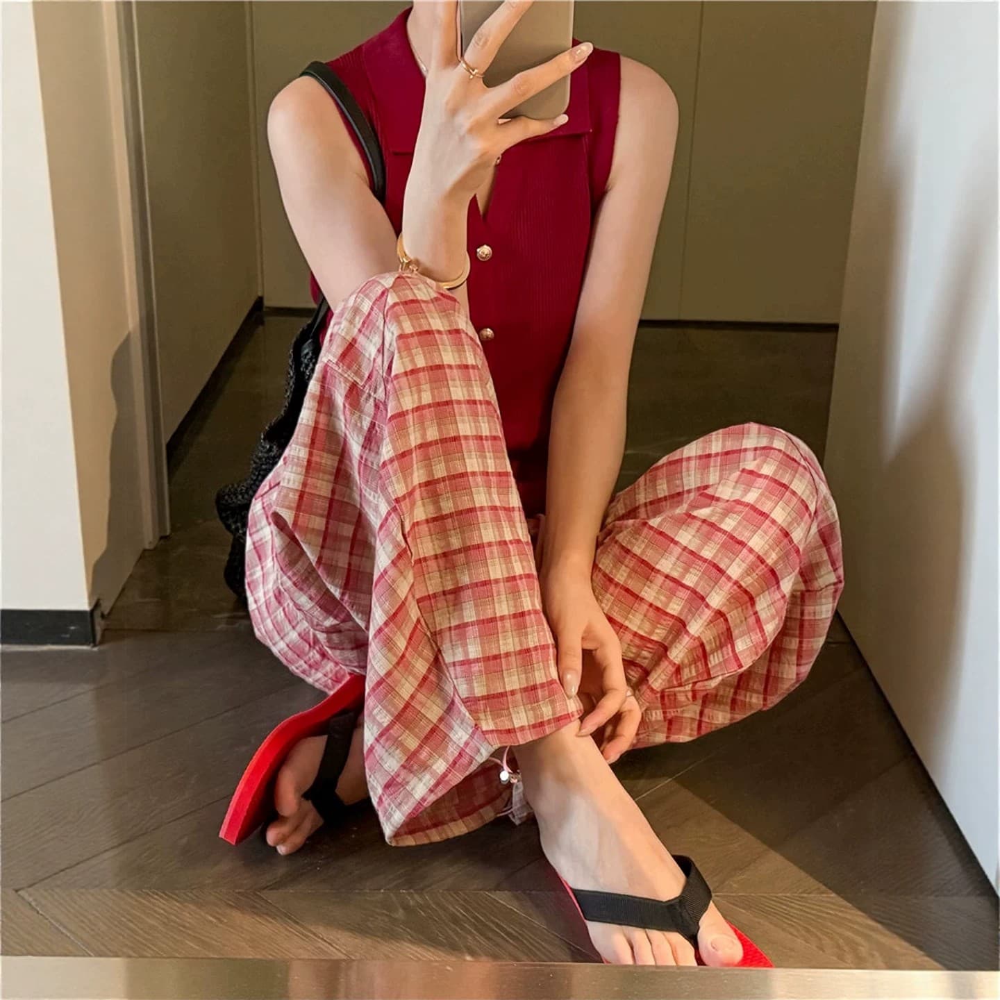 길다 에디션 핑크색 체크무늬 순면 캐주얼 바지 여성 2026 가을 새로운 하이웨이스트 루즈핏 넓은 다리 길이 바지 이미지 4