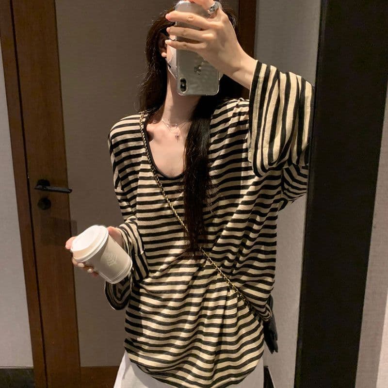 원본 품질 느긋한 바람 스트라이프 긴팔 자외선 차단 티셔츠 여성 여름 u 칼라 루즈핏 얇은 스타일 외부 잡아라. 의류 이미지 2