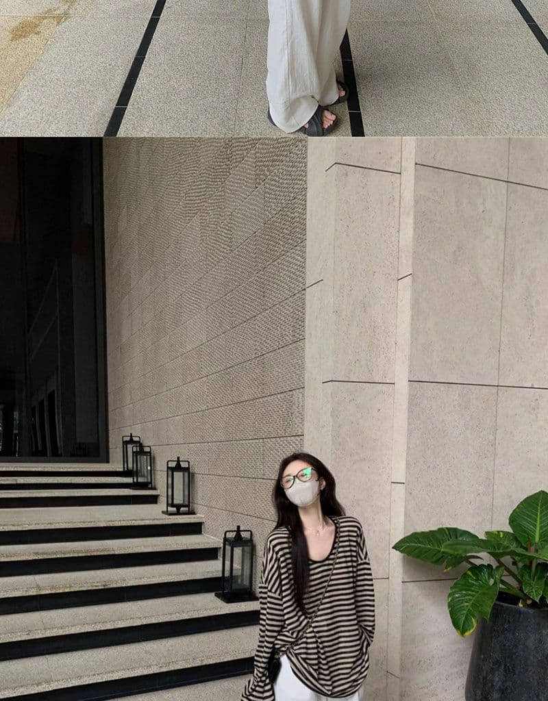 원본 품질 느긋한 바람 스트라이프 긴팔 자외선 차단 티셔츠 여성 여름 u 칼라 루즈핏 얇은 스타일 외부 잡아라. 의류 상세 이미지 5