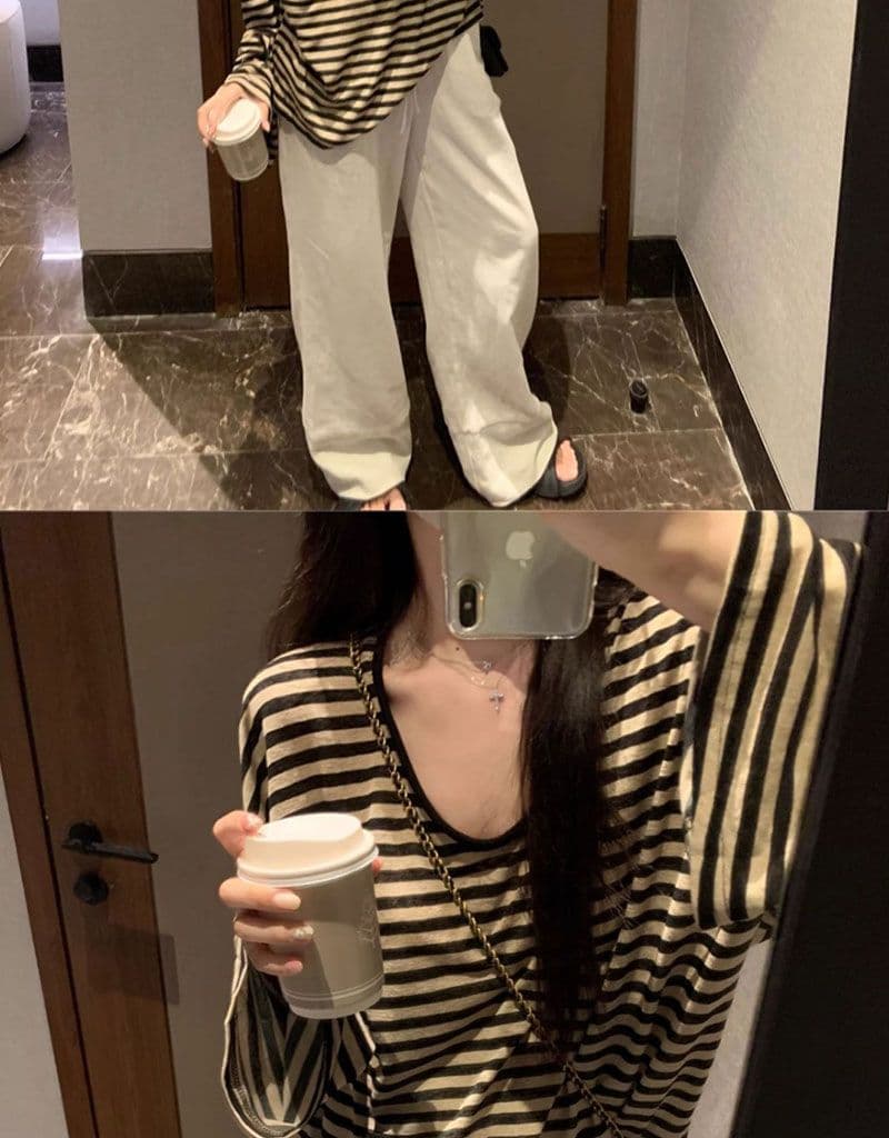 원본 품질 느긋한 바람 스트라이프 긴팔 자외선 차단 티셔츠 여성 여름 u 칼라 루즈핏 얇은 스타일 외부 잡아라. 의류 상세 이미지 9
