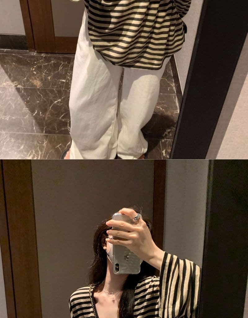 원본 품질 느긋한 바람 스트라이프 긴팔 자외선 차단 티셔츠 여성 여름 u 칼라 루즈핏 얇은 스타일 외부 잡아라. 의류 상세 이미지 10