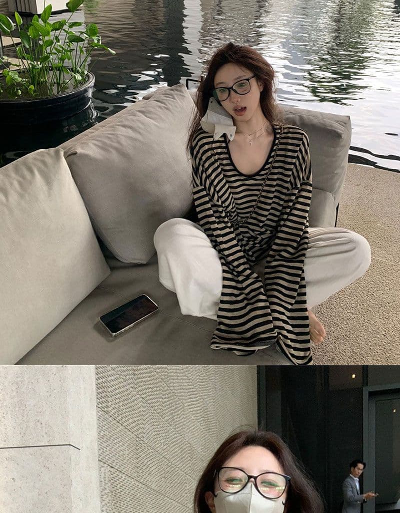원본 품질 느긋한 바람 스트라이프 긴팔 자외선 차단 티셔츠 여성 여름 u 칼라 루즈핏 얇은 스타일 외부 잡아라. 의류 상세 이미지 14