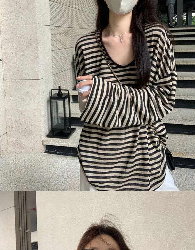 원본 품질 느긋한 바람 스트라이프 긴팔 자외선 차단 티셔츠 여성 여름 u 칼라 루즈핏 얇은 스타일 외부 잡아라. 의류 상세 이미지 15