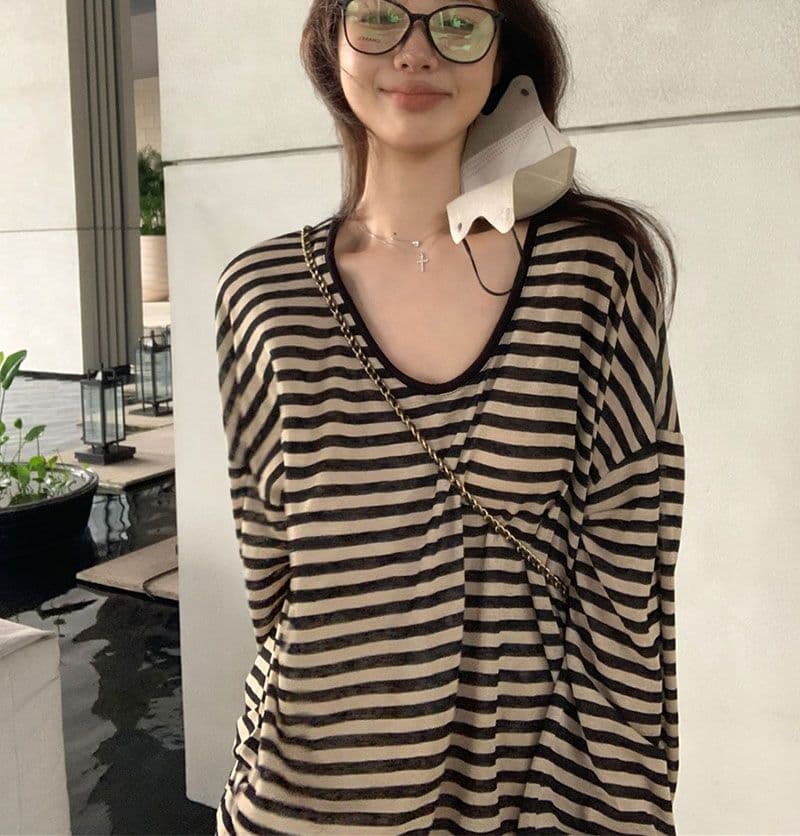 원본 품질 느긋한 바람 스트라이프 긴팔 자외선 차단 티셔츠 여성 여름 u 칼라 루즈핏 얇은 스타일 외부 잡아라. 의류 상세 이미지 16