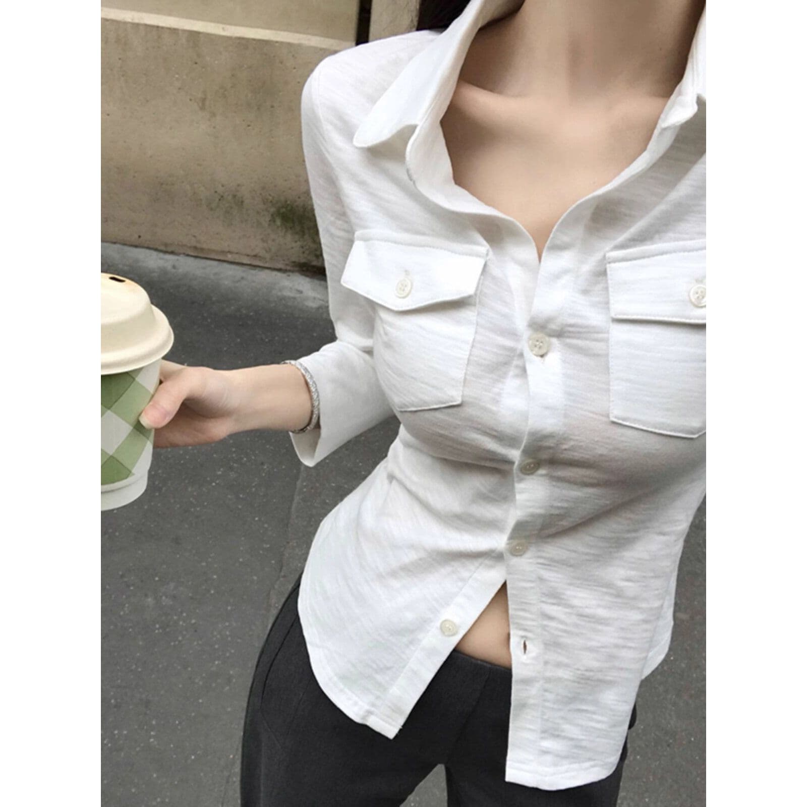 원본 대나무 마디 원단 느낌 긍정적 인 순수한 욕망 폴로 칼라 긴팔 셔츠 여성 의류 마이크로 지방 슬림해 보이는 맨위 새로운 이미지 5